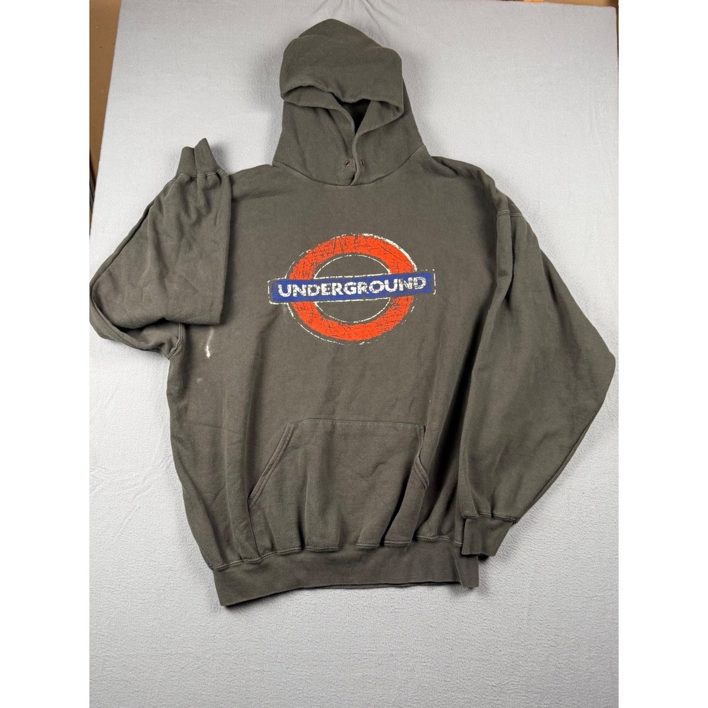 London Underground Hoodie Mens XXL Charcoal Grey Distressed Logo Blues Pullover